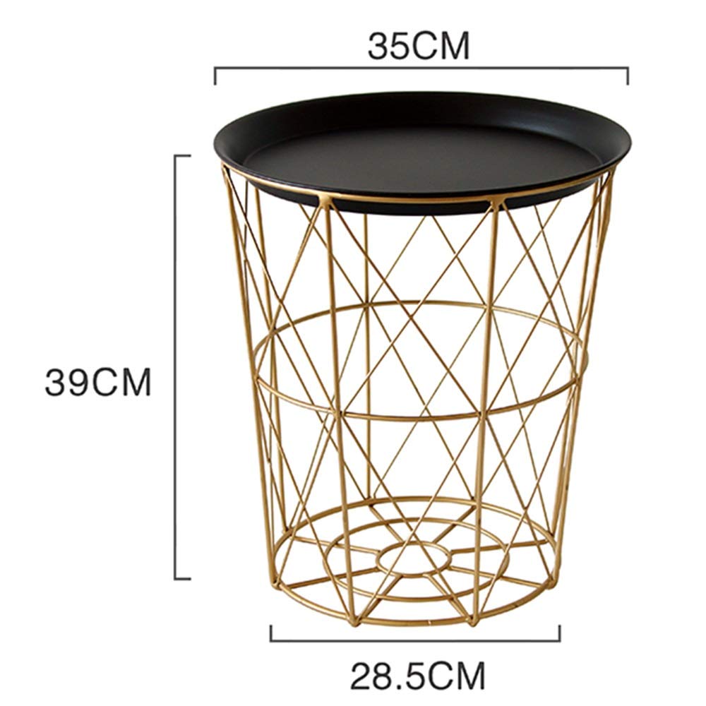 Rustproof Metal Side Table - 14×15 Inch Round Coffee Table with Storage Basket & Lid, Gold Finish for Indoor/Outdoor Use - Perfect for Living Room, Patio, or Bedroom Snack Table