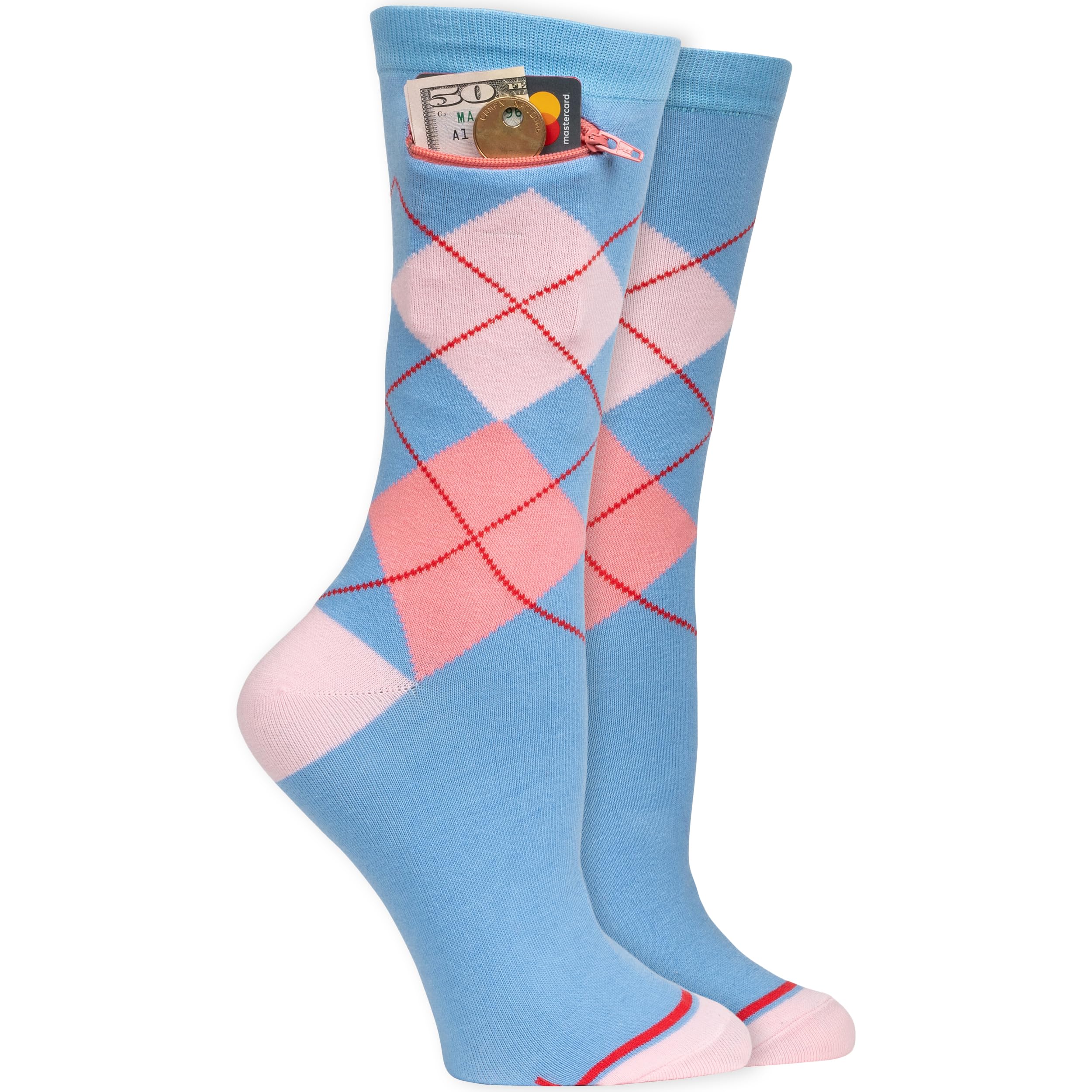 Women's Fashion Print Crew Socks with Hidden Zipper Pocket - Anti-Theft Travel Socks for Keys & Cash - Perfect for Airports, Hiking, and Gym Workouts