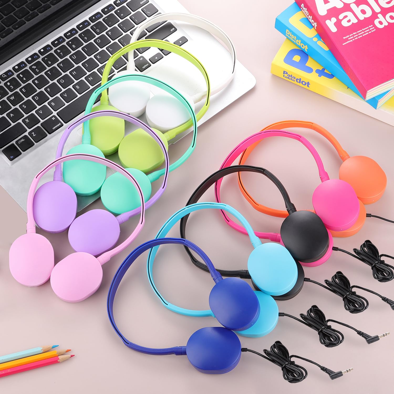 25 Pack Bulk Kids Classroom Headphones - Wired On-Ear Headphones for School Students, Children & Teens (10 Color Mix) - Perfect for Chromebooks, PCs & Computer Labs in Schools and Libraries