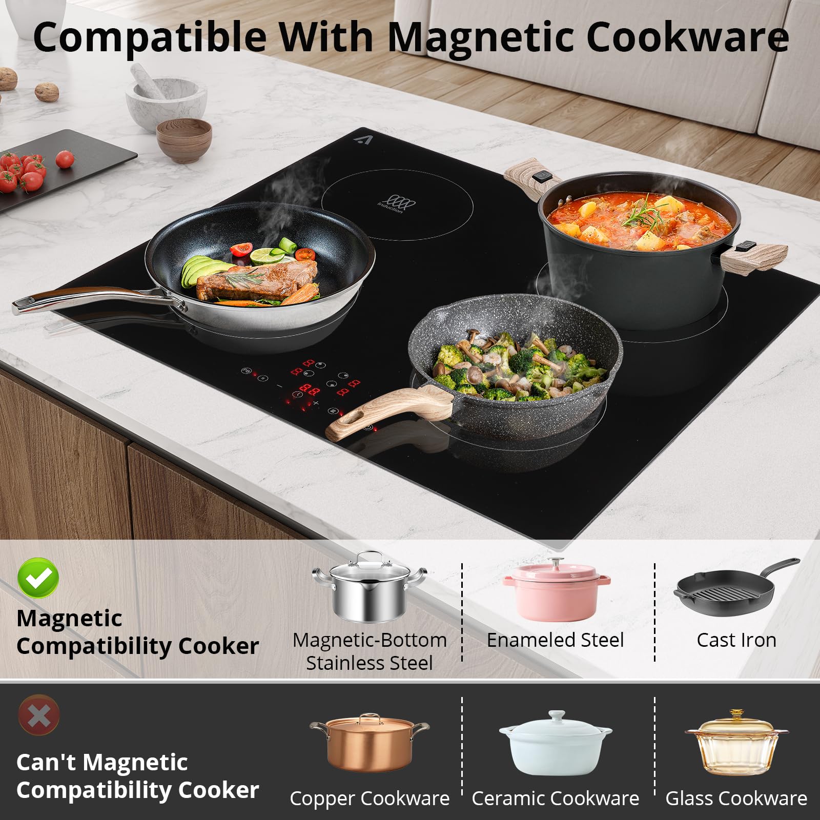 GARVEE 4 Burner Electric Cooktop 7400W Built-In Ceramic Glass Stovetop with Safety Lock & Timer - 240V Black - Perfect for Modern Kitchens, Cooking Classes & Family Meals