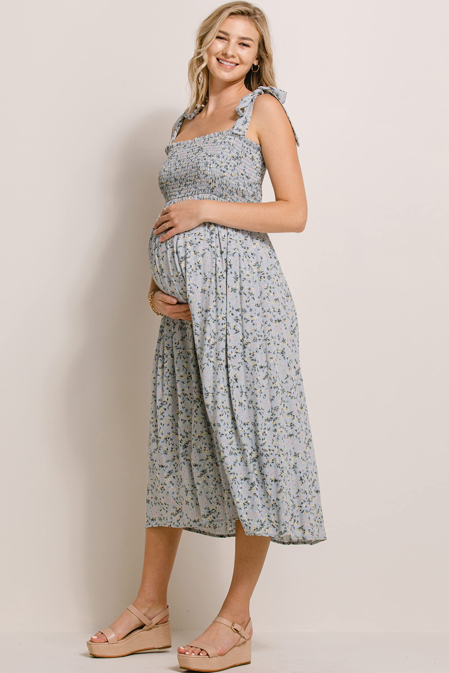 Women's Smocked Maternity Dress - Flowy Midi Length, Breathable Cotton, Pregnancy & Nursing Friendly - Perfect for Baby Showers, Maternity Photos & Everyday Wear
