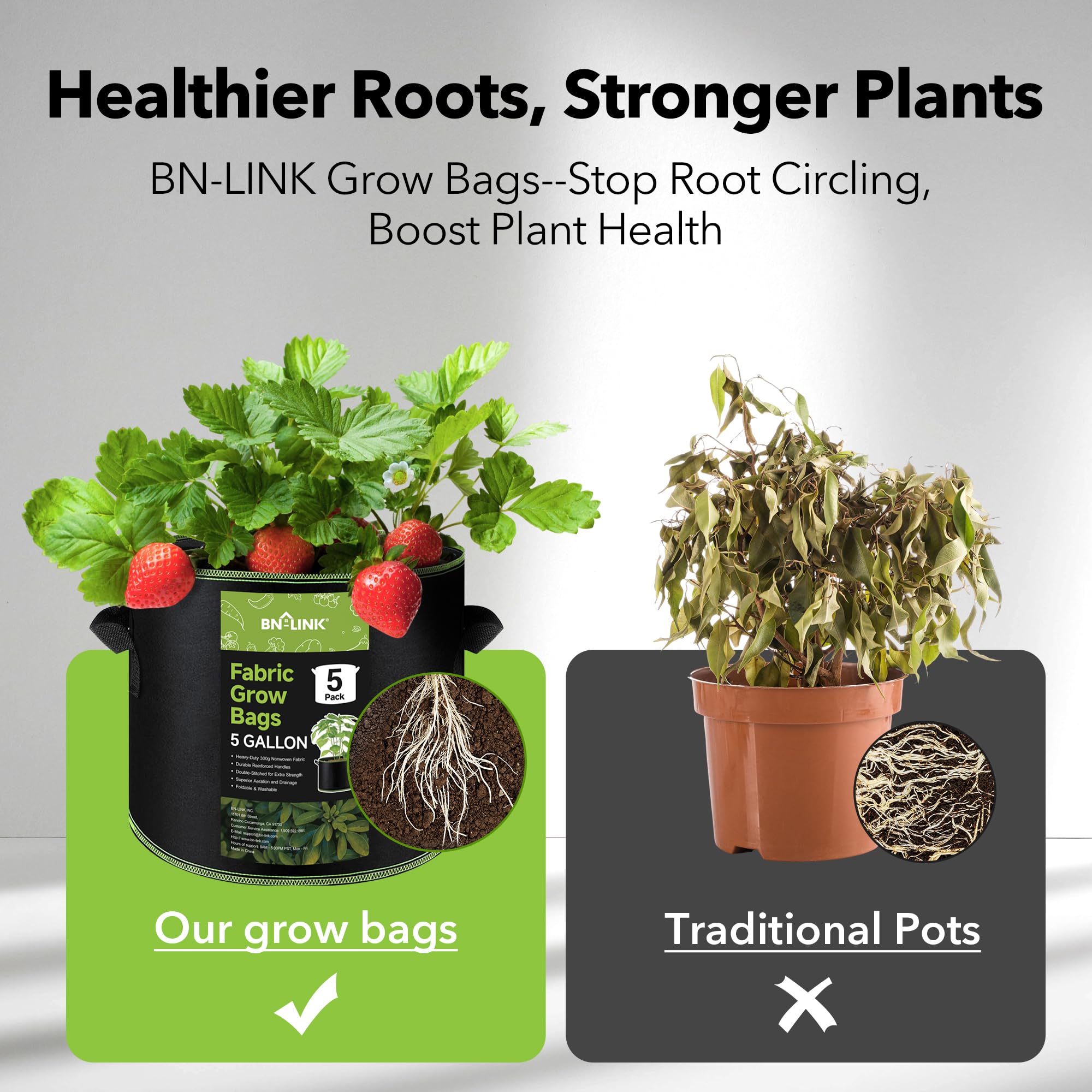 BN-LINK 5-Pack 5 Gallon Heavy Duty Aeration Fabric Grow Bags with Handles - Thickened Nonwoven Plant Pots for Vegetables, Flowers, Fruits - Ideal for Indoor/Outdoor Gardening, Urban Farming & Container Planting