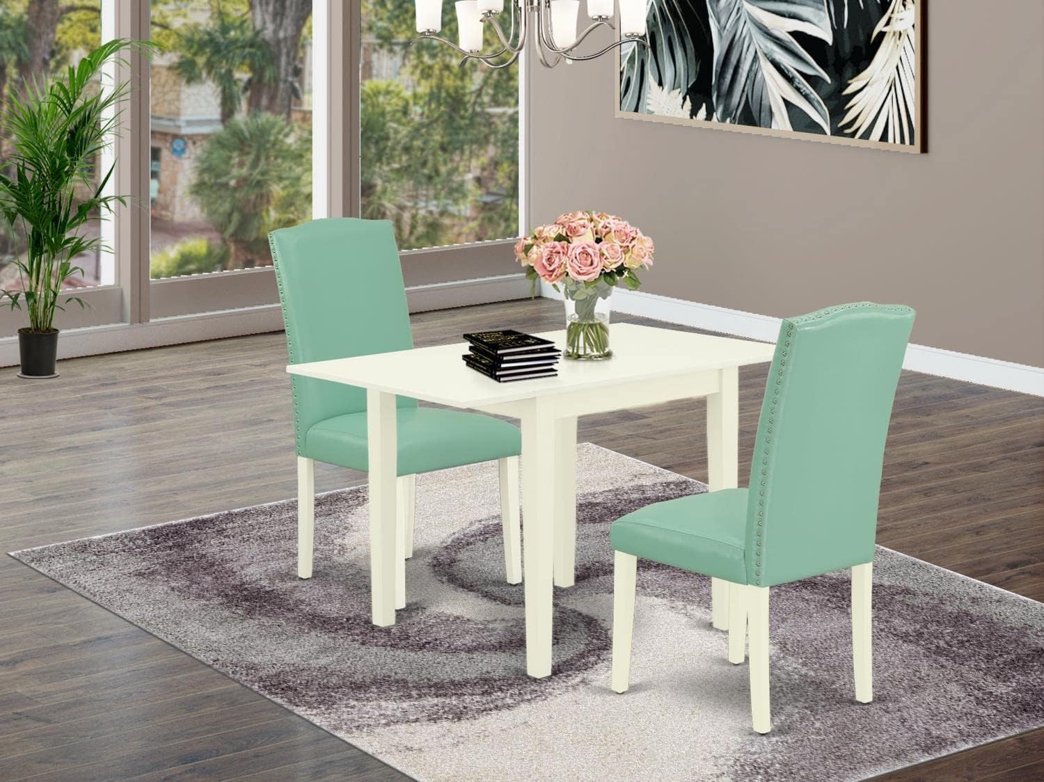 East West Furniture 3 Piece Dining Room Set - Rectangle Drop Leaf Table & 2 Faux Leather Parsons Chairs, 30x48 Inch, Linen White | Modern Small Space Dining Solution for Apartments, Breakfast Nooks & Cozy Kitchens