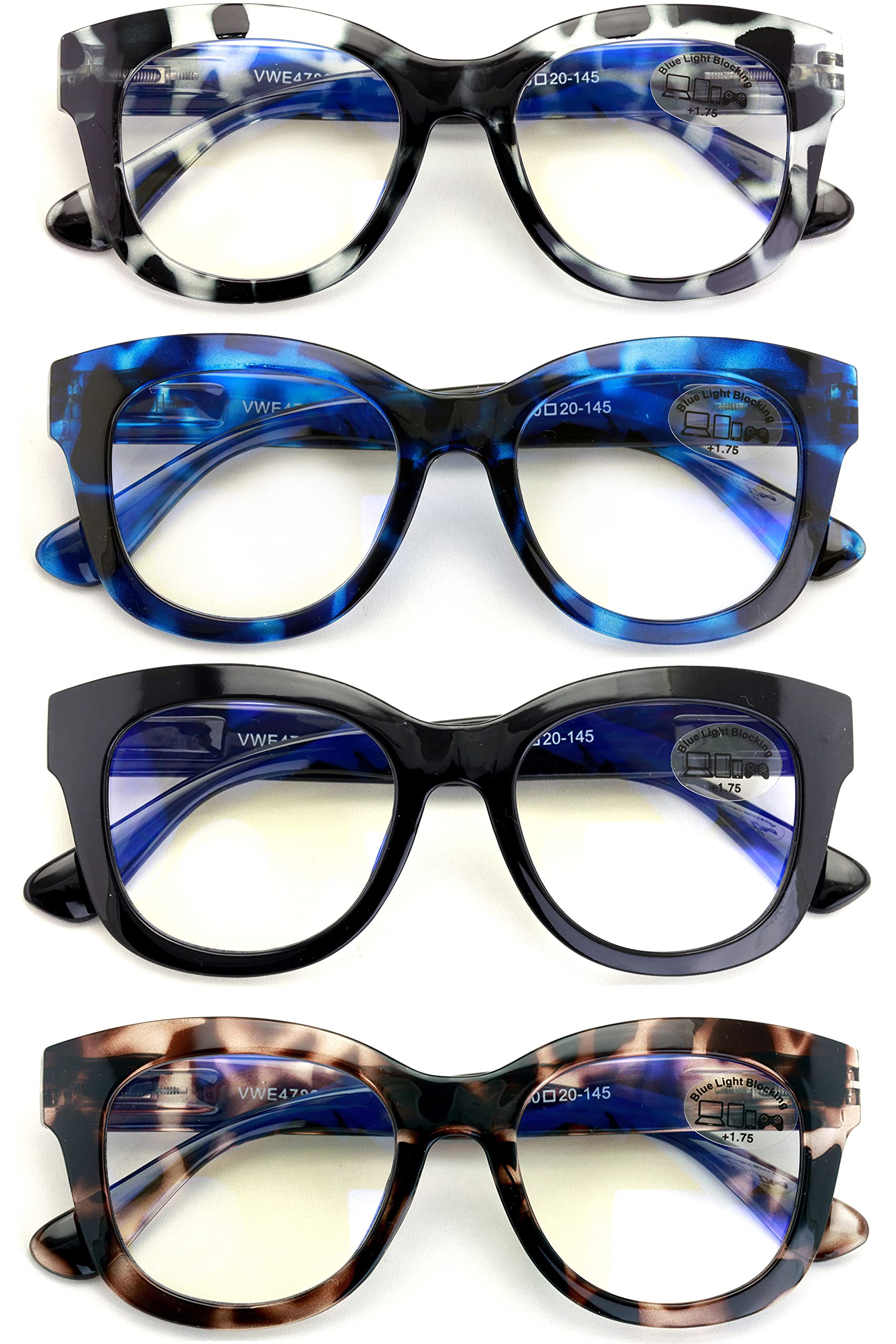 4 Pairs Women's Bold Round Reading Glasses - Blue Light Blocking Computer Readers for Work, Screen Time & Reading Comfort
