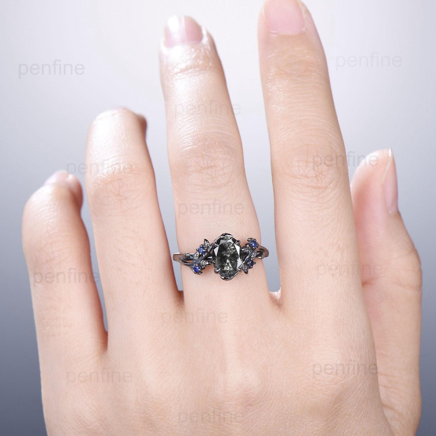 Unique 14K Black Gold Twig Engagement Ring with Salt & Pepper Diamond & Sapphire Cluster - Nature Inspired Wedding Ring for Women - Perfect for Boho, Vintage & Alternative Brides