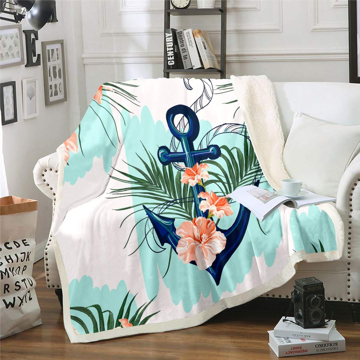 Feelyou Anchor Floral Fleece Blankets - Nautical Ocean Throw Blanket for Kids Boys & Girls - Soft Sherpa Plush Blanket with Leaves Floral Print - 60