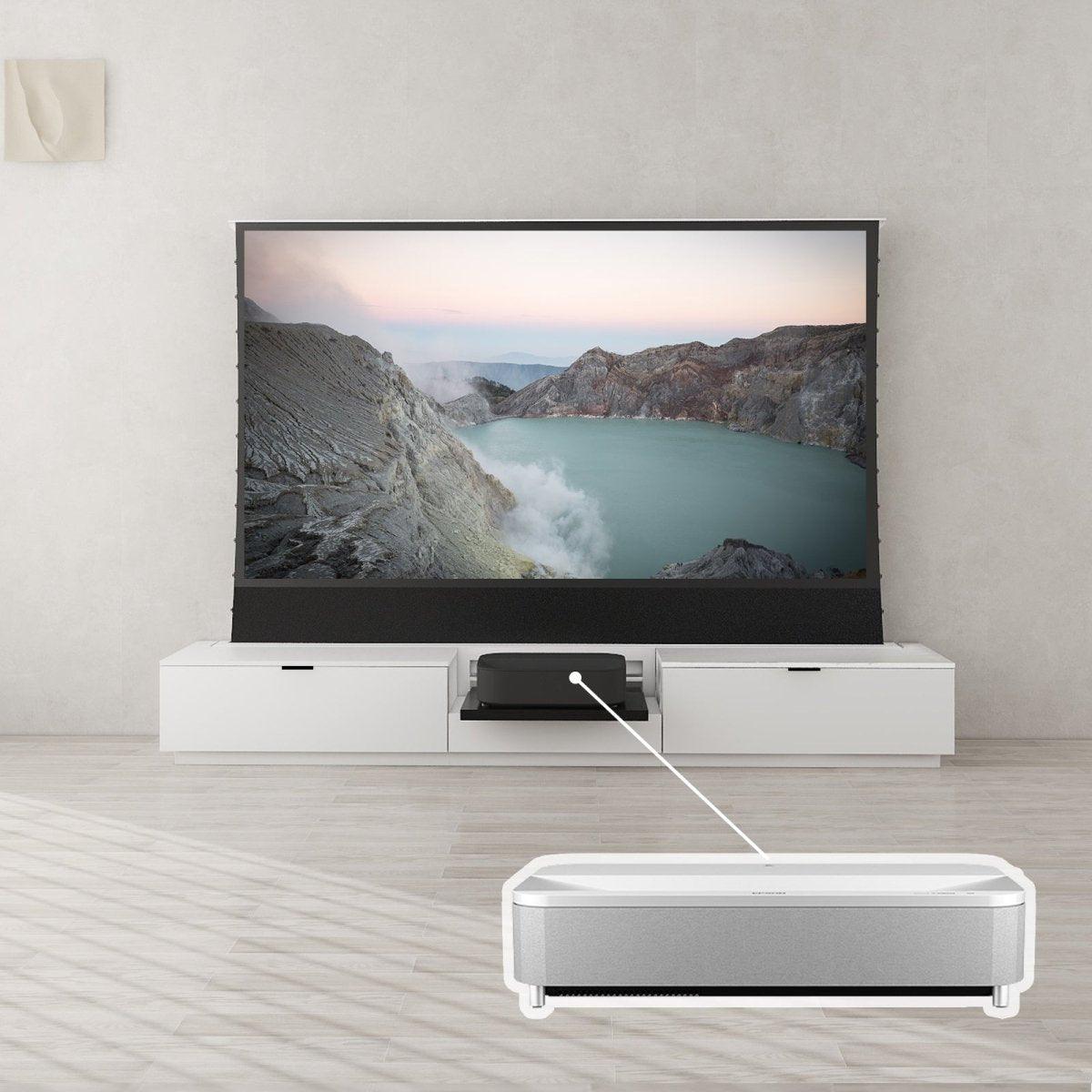 VIVIDSTORM Bundle - 4K Laser Projector, Motorized Screen & TV Cabinet for Home Theater | Epson Edition | Perfect for Movie Nights, Gaming & Entertainment