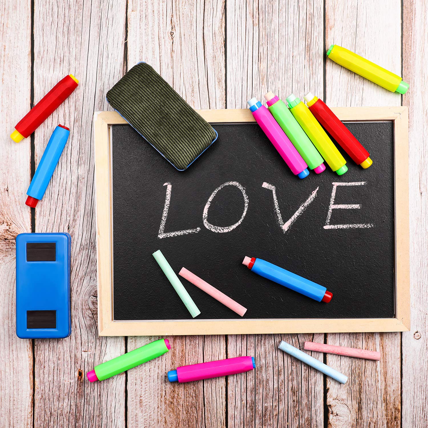 Outus 10-Pack Colorful Adjustable Plastic Chalk Holders with Storage Case & 2 Magnetic Chalkboard Erasers - Perfect for Classroom, Office Whiteboard, Doodling, Drawing & Writing Supplies