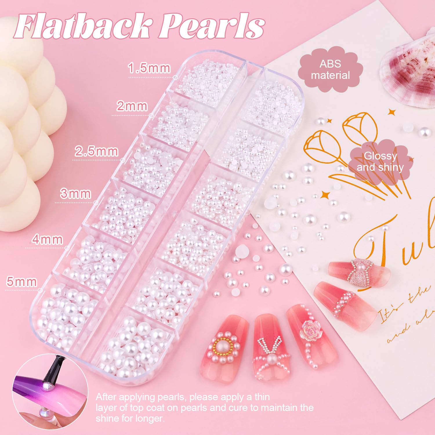 Flatback Pearls (White) & 3D Flower Rhinestone Nail Art Glue Gel - Half Round Pearls, Heart Bows, Camellia Mix Styles for Acrylic Nails & Manicure Decor | Perfect for DIY Nail Design, Bridal Nails & Salon Professional Use
