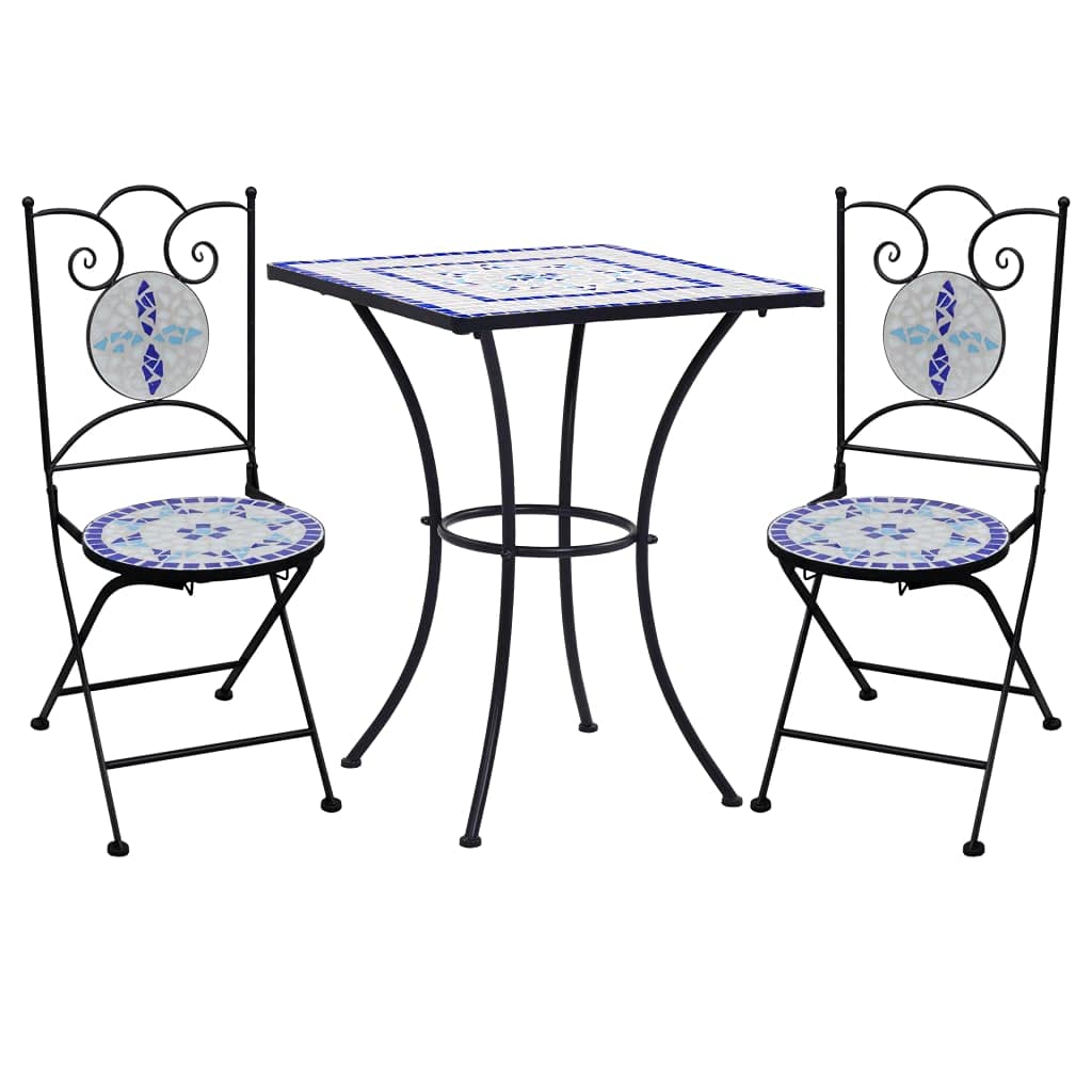 Outdoor Patio Furniture Set 3-Piece Mosaic Bistro Table and Chairs - Blue and White Ceramic Tile Conversation Set for Garden, Porch, Backyard | Perfect for Outdoor Dining, Relaxing & Entertaining Guests