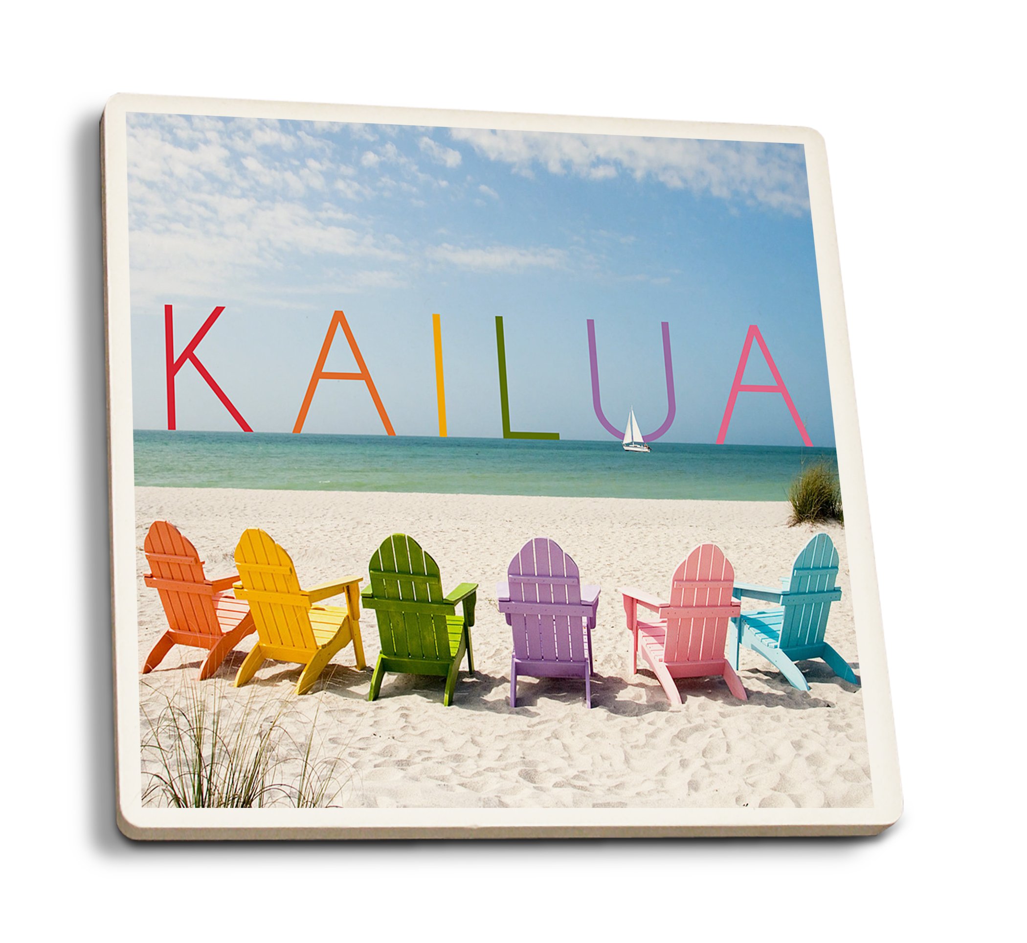 Hawaii Kailua Colorful Beach Chairs Ceramic Coasters Set of 4 - Absorbent, Cork Backed, Tropical Home Decor for Kitchen, Dining Table, and Beach House