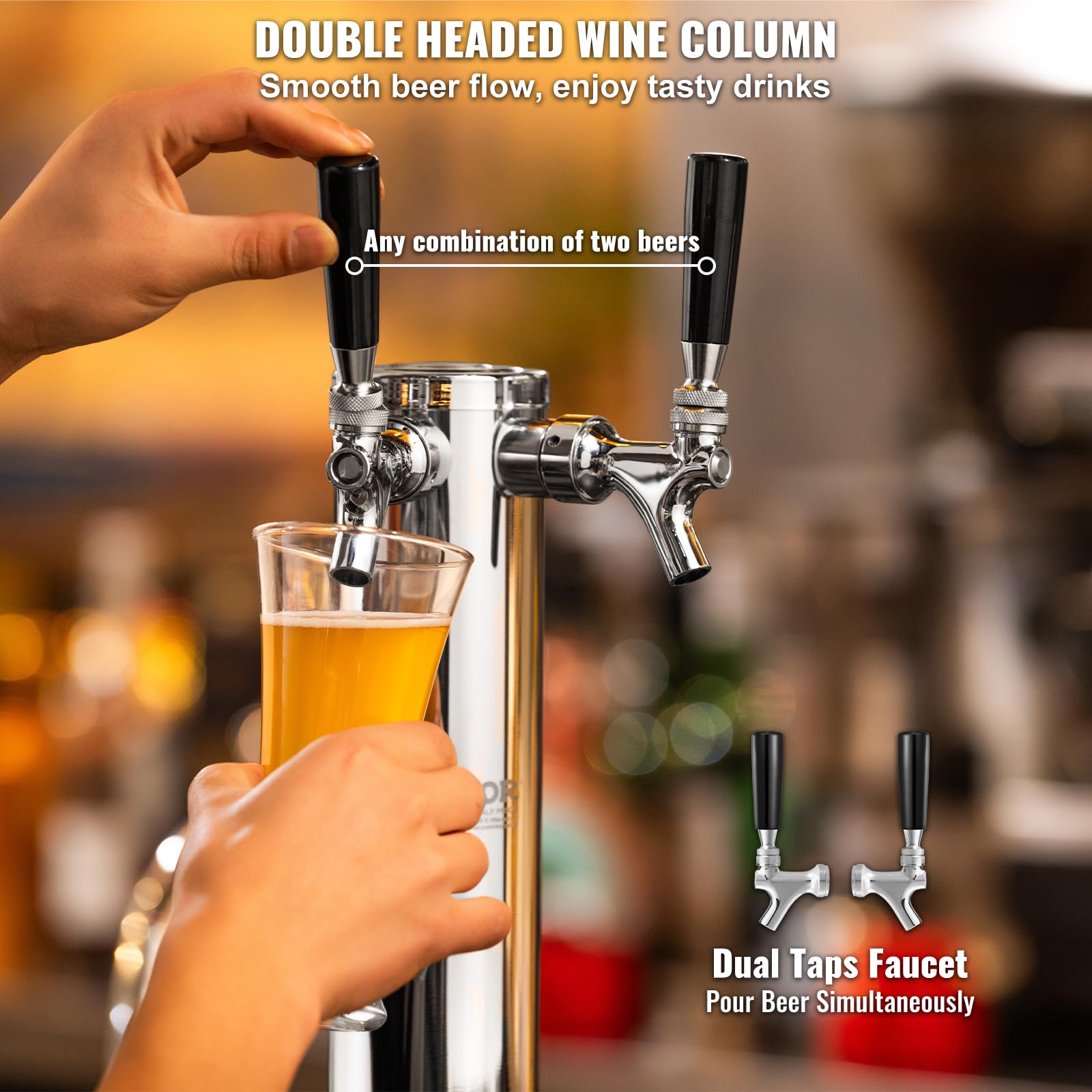 VEVOR Dual Tap Kegerator Tower Kit - Stainless Steel Beer Dispenser with CGA320 Regulator & D-System Coupler for Home Bars, Parties & Commercial Use | Perfect for Draft Beer Serving & Entertaining