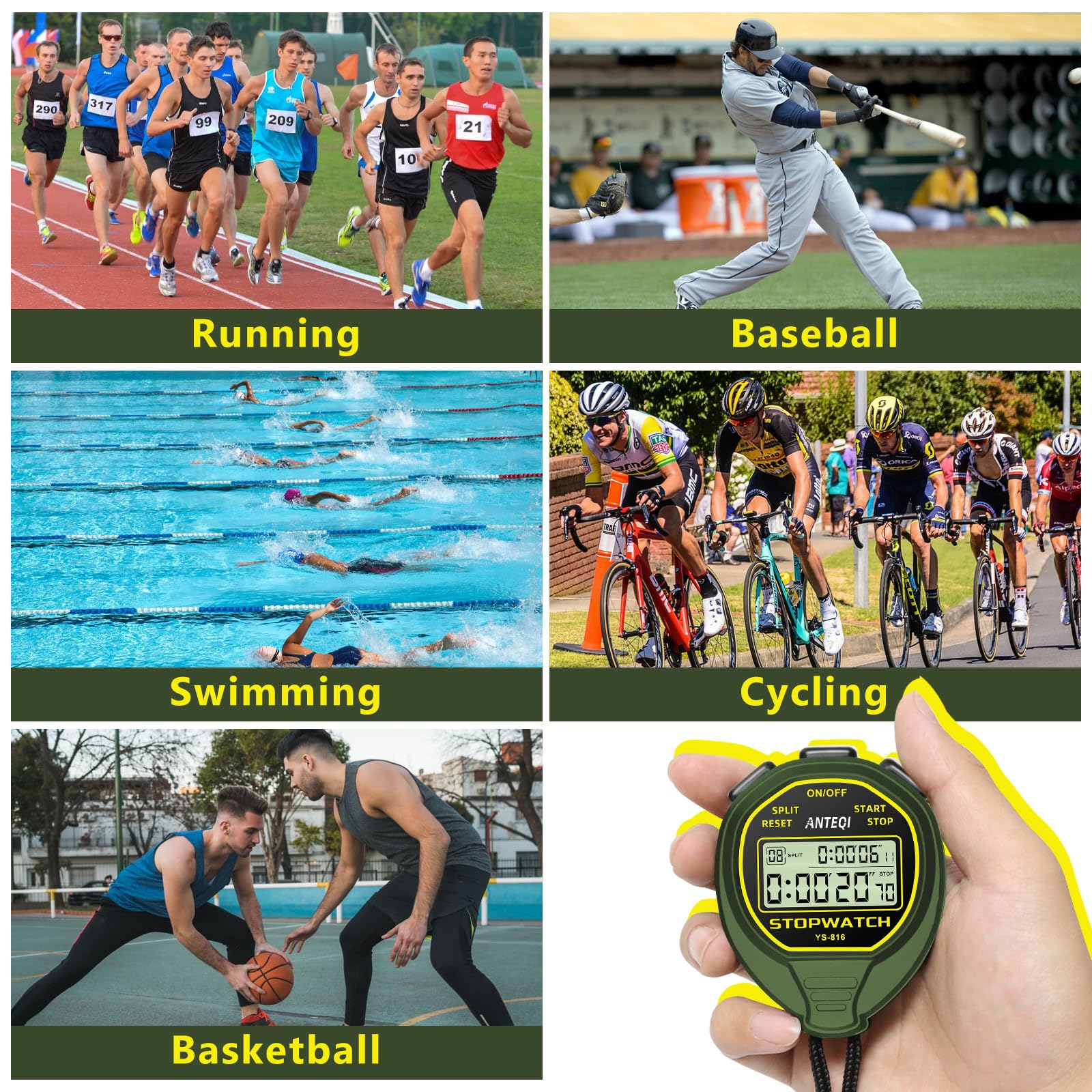 ANTEQI Waterproof Digital Stopwatch - 20-Lap Memory, ON/OFF Function, No Clock/Calendar/Alarm - Silent Sports Timer for Coaches, Swimming, Running, Track & Field Training