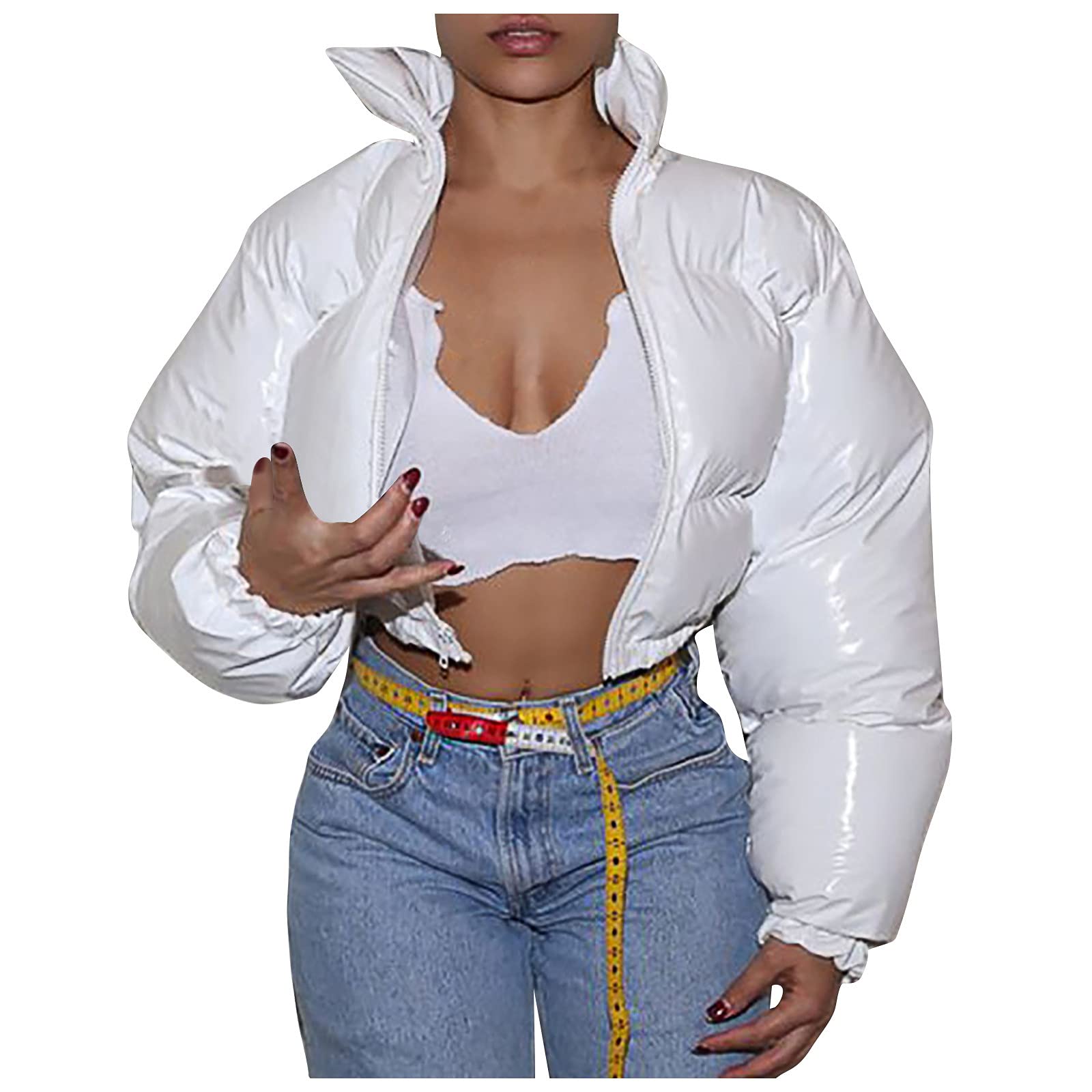 Women's Winter Cropped Puffer Jacket with Sequins - Y2K Puffy Bubble Coat - Lightweight Down Parka - White XXL Outerwear for Casual Wear & Street Fashion