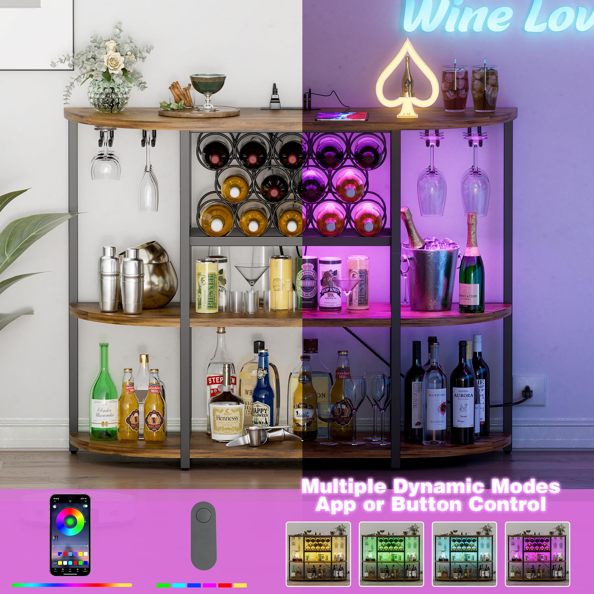 Furmax 4-Tier Freestanding Wine Bar Cabinet with LED Lights & Power Outlet - Modern Liquor Storage Cabinet with Glass Holder for Home Bar, Kitchen, Dining Room & Entertainment Spaces