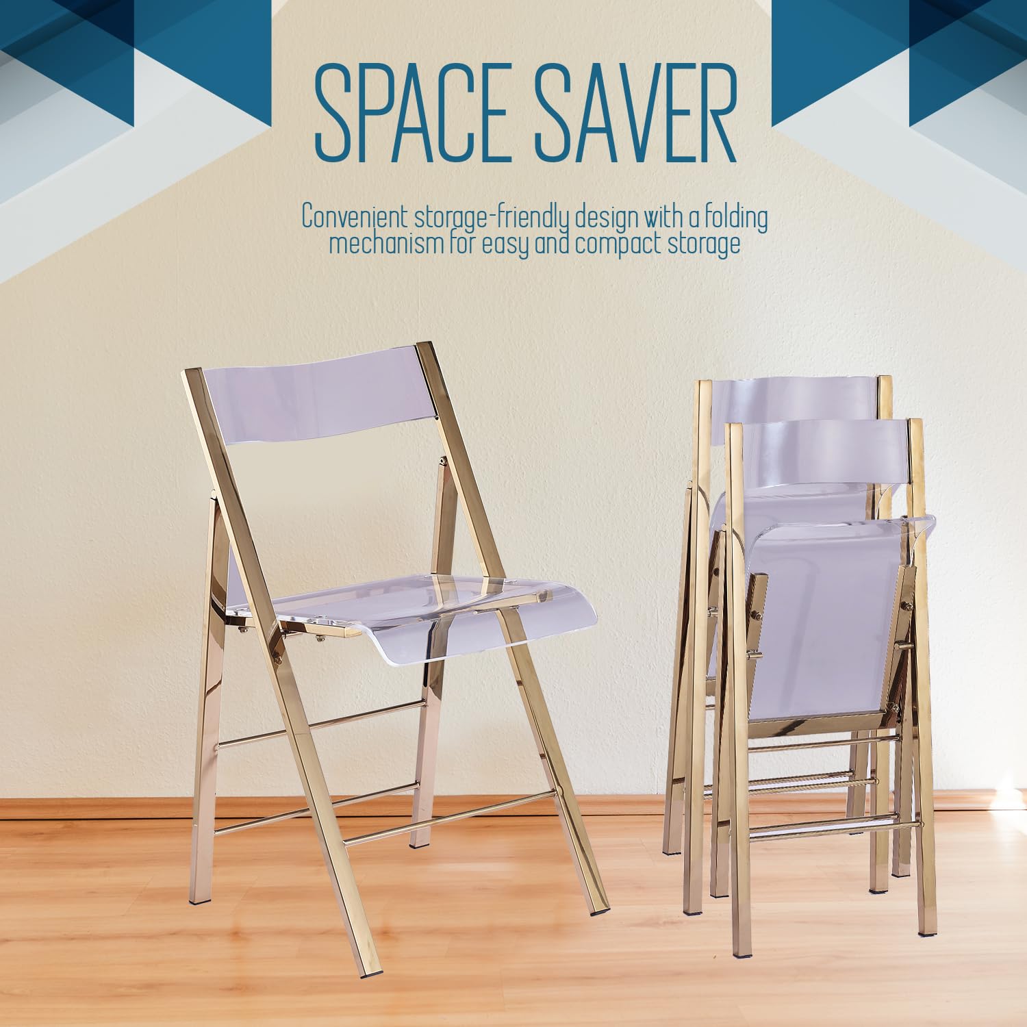 Kasper Flex Modern Acrylic Folding Chairs – Clear Transparent Lucite Chair with Chrome Steel Frame for Dining Room, Office, Patio, Wedding & Events – Space Saving Foldable Design – Gold Finish (Set of 1) – Perfect for Small Spaces, Home Decor & Party Seating