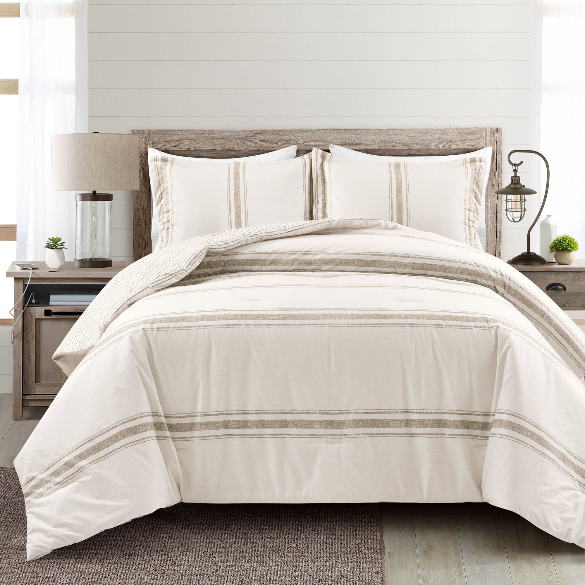 Farmhouse Stripe Reversible Comforter Set - Queen Size, Soft Breathable Cotton Bedding - Perfect for Cozy Bedroom Decor & Guest Room Styling