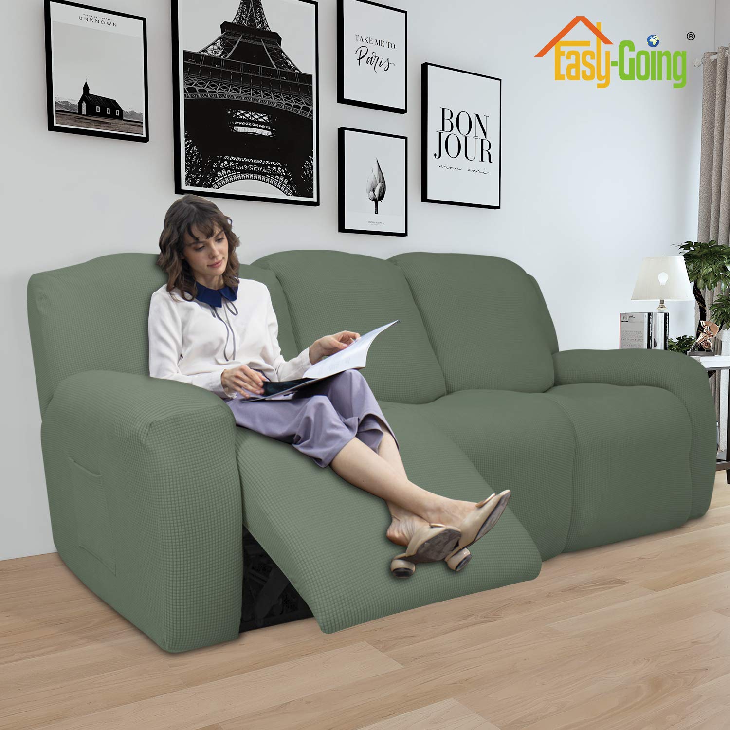 8-Piece Recliner Sofa Slipcover Set - Stretchable Furniture Protector with Elastic Bottom, Soft Spandex Jacquard Fabric in Small Checks Greyish Green - Perfect for Living Room, Family Room, and Pet-Friendly Homes