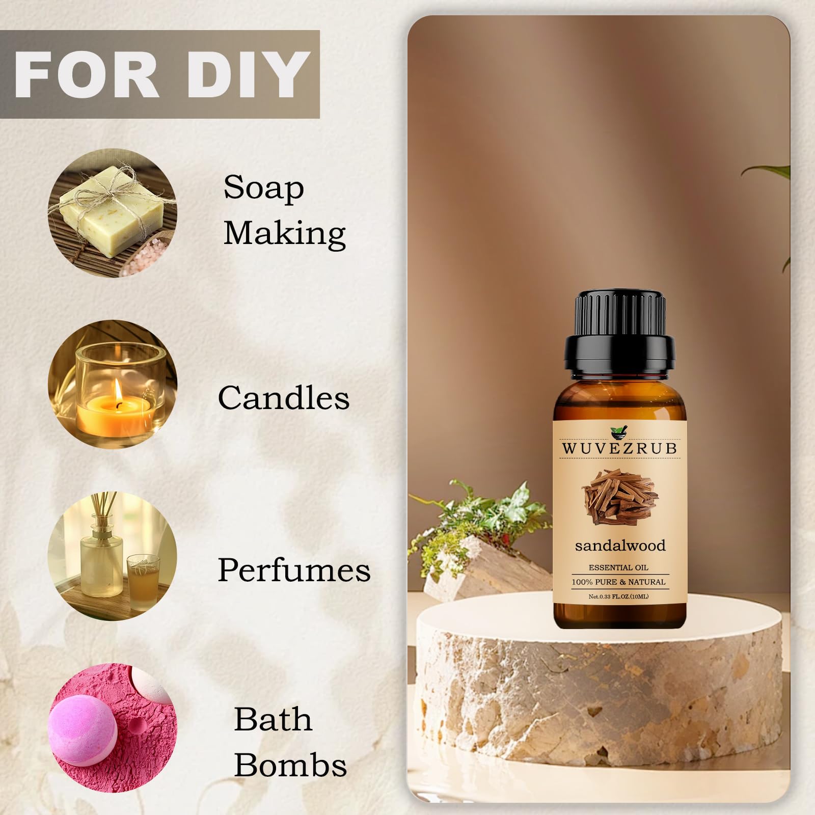 Organic 100% Pure Sandalwood Essential Oil 10ml (0.33 Fl Oz) - Natural Aromatherapy Oil for Diffusers, Massage & Relaxation - Perfect for Stress Relief, Meditation & Home Spa