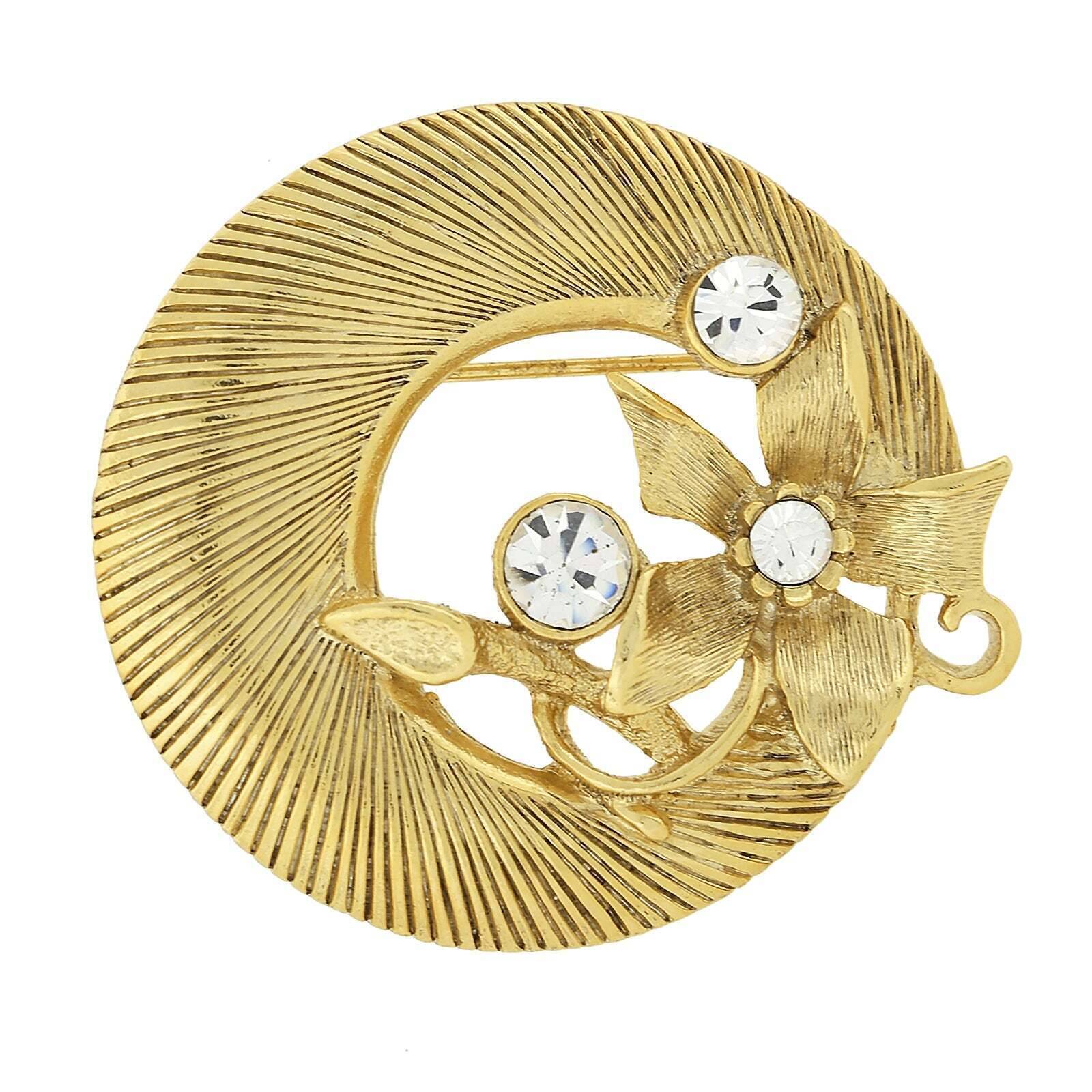 1928 Vintage Gold Round Flower & Crystal Wreath Brooch Pin - Elegant Floral Jewelry for Women, Perfect for Weddings, Parties & Special Occasions