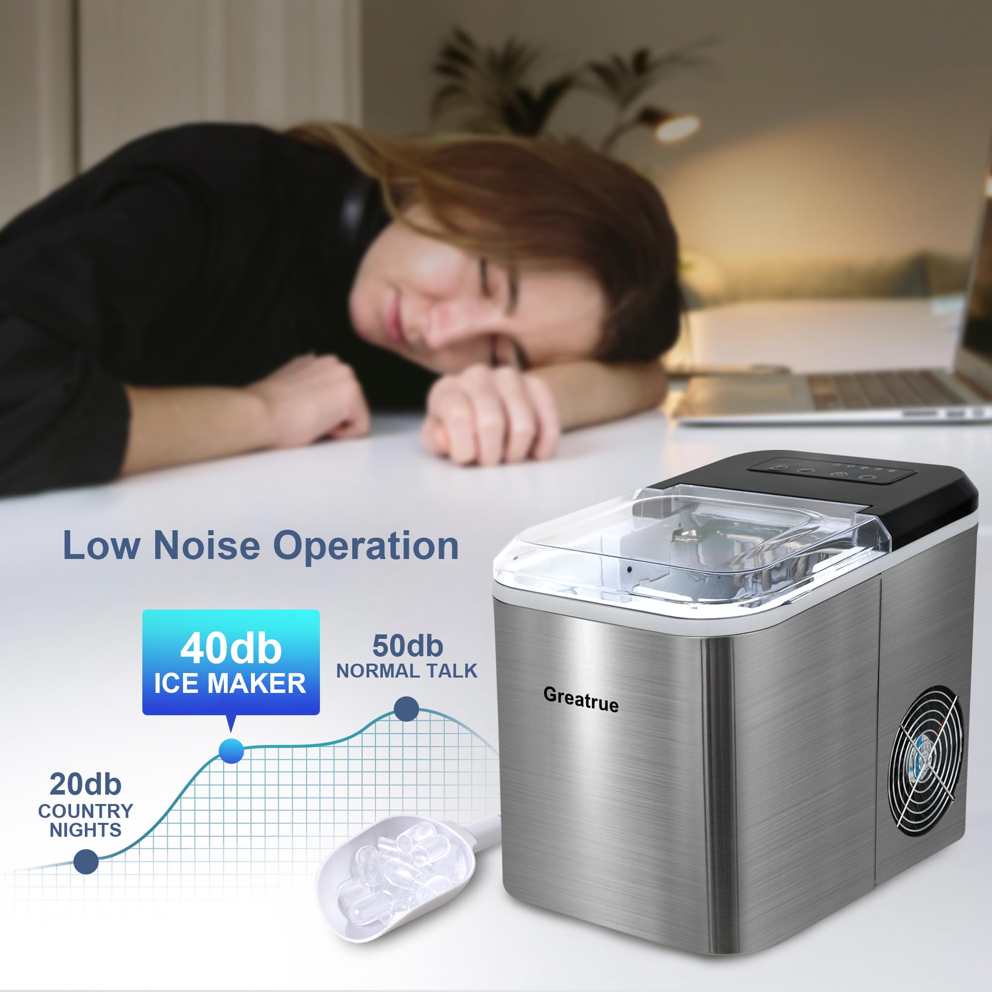Portable Countertop Ice Maker Machine - 9 Ice Cubes in 6 Minutes, 33 Lbs Daily Output, 2 Size Options, Self-Cleaning & Ultra Quiet - Perfect for Home, Office, Kitchen, RV, Camping & Outdoor Parties (Stainless Steel)