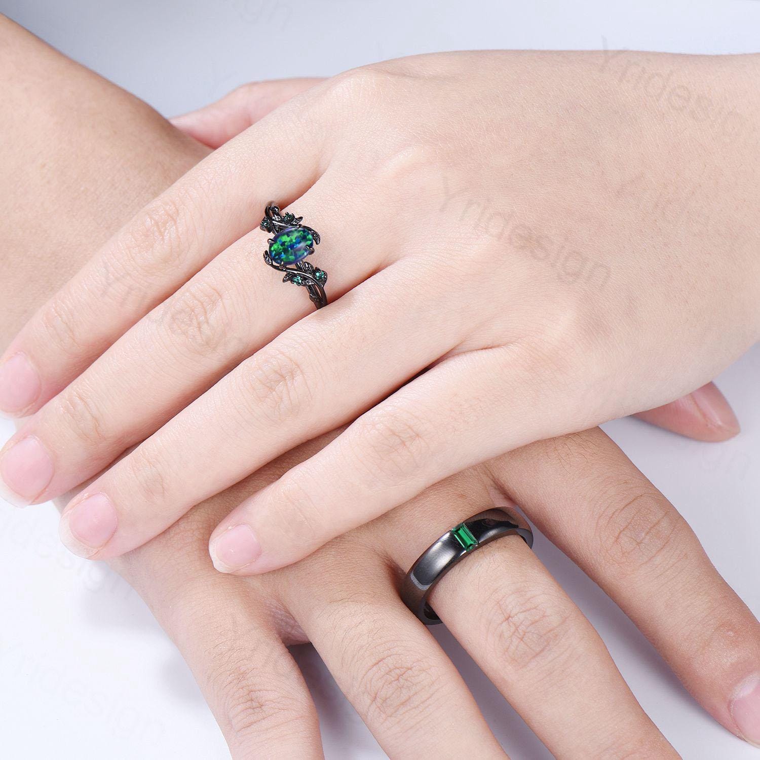 Black Gold Fire Opal Couples Ring Set - His & Hers Wedding Bands, Emerald Bridal Rings for Men & Women - Perfect for Engagement, Promise, Anniversary Gifts - Ideal for Romantic Occasions & Special Celebrations