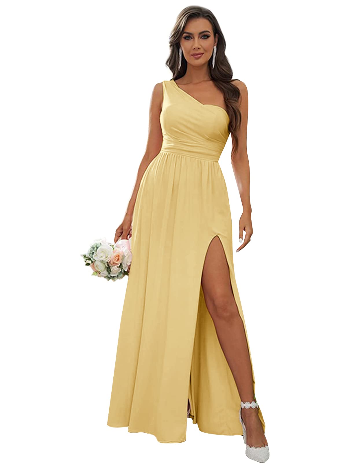 FEOLATE Women's One Shoulder Long Bridesmaid Dress for Wedding, Formal Evening Party Gown with High Slit - Elegant Prom, Cocktail, Homecoming & Special Occasion Attire