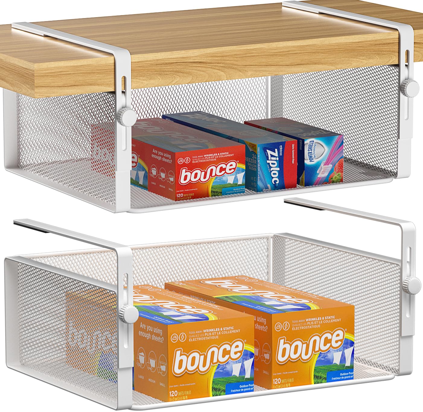 2-Pack Under Shelf Basket Organizer - Adjustable Hanging Storage for Kitchen, Pantry, Cabinet & Desk - Heavy Duty Slide-in Space Saver for Books, Spices & Utensils (White, Large) - Perfect for Small Space Organization & Clutter-Free Countertops