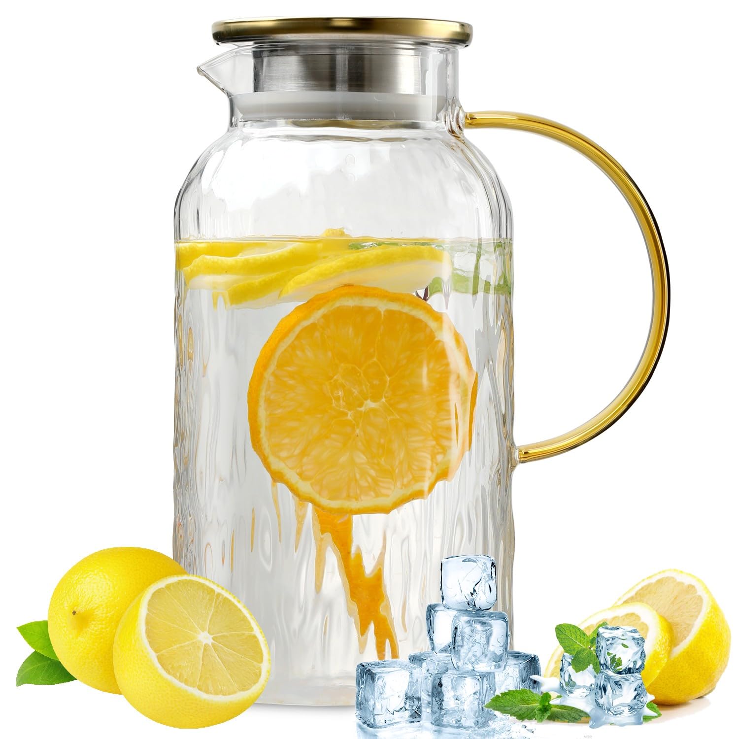 68 oz (2 Liter) Large Glass Pitcher with Lid - Heat Resistant Water Pitcher with Handle for Juice, Milk, Cold & Hot Drinks - Perfect for Kitchen, Dining, Parties & Mother's Day Gifts
