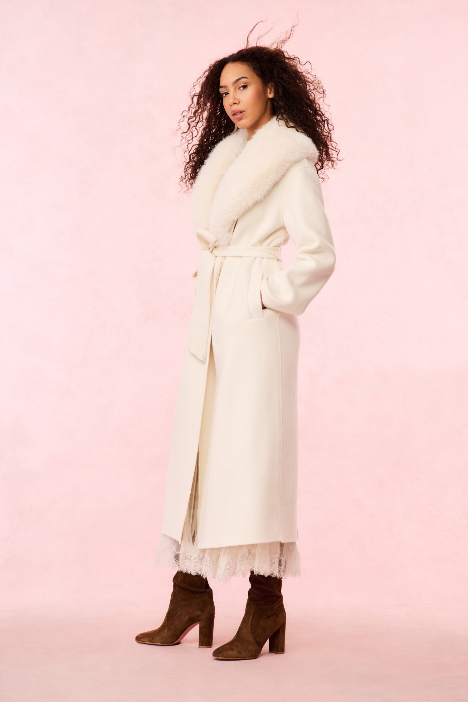 Mahika Women's Wool Cashmere Faux Fur Collar Winter Coat - Oatmeal Color | Warm & Stylish Outerwear for Fall, Winter & Holiday Season