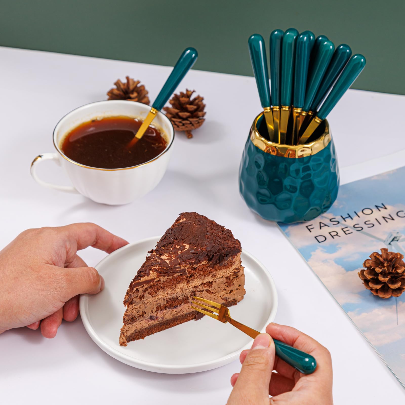 Premium Dessert Fork Set - 8-Piece Small Forks for Fruit, Salad, Appetizer & Cake with Elegant Emerald Green Ceramic Jar | Perfect for Dinner Parties, Tea Time & Special Occasions