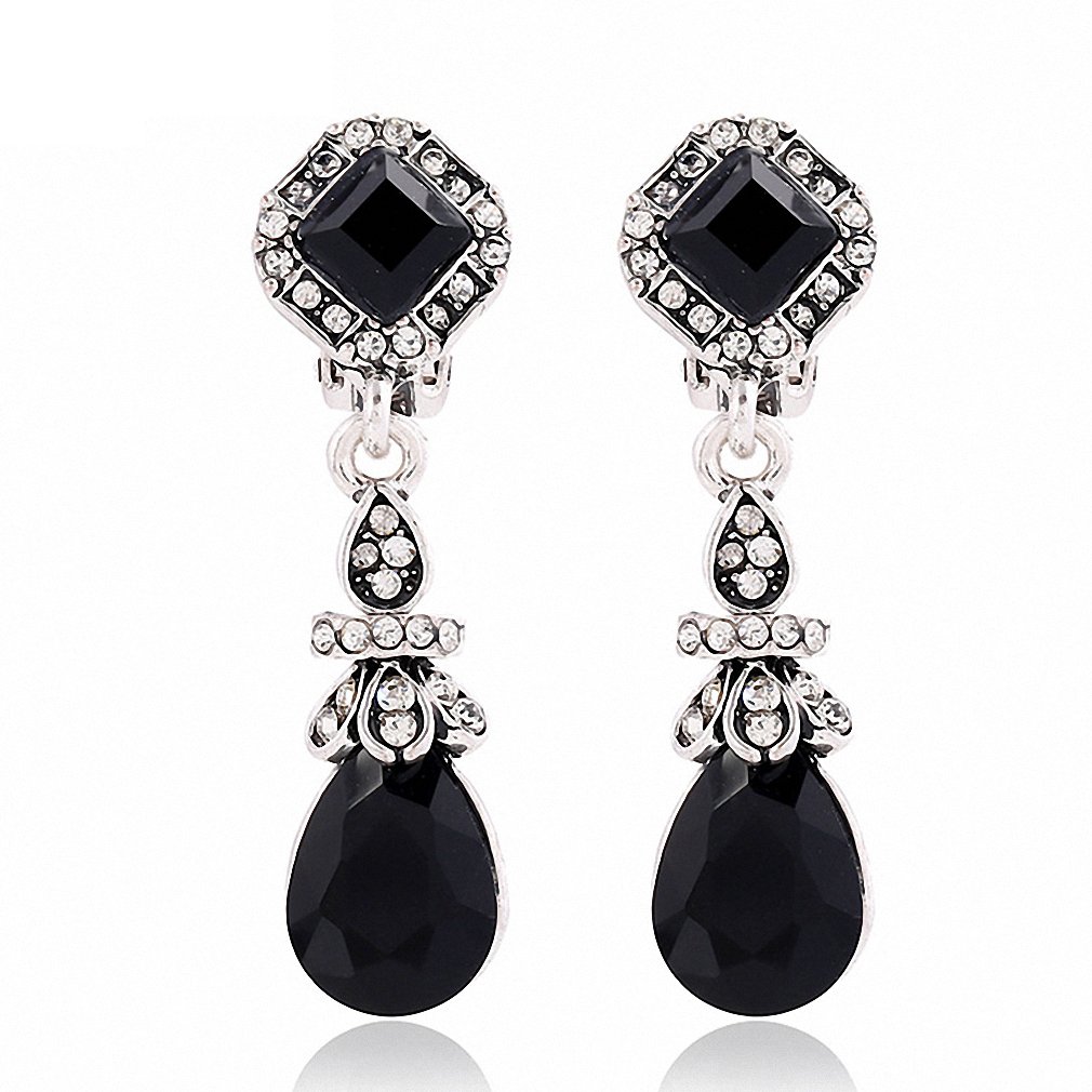 Vintage Silver Black Clip Earrings for Women - No Pierce Long Dangle Earrings for Party & Date