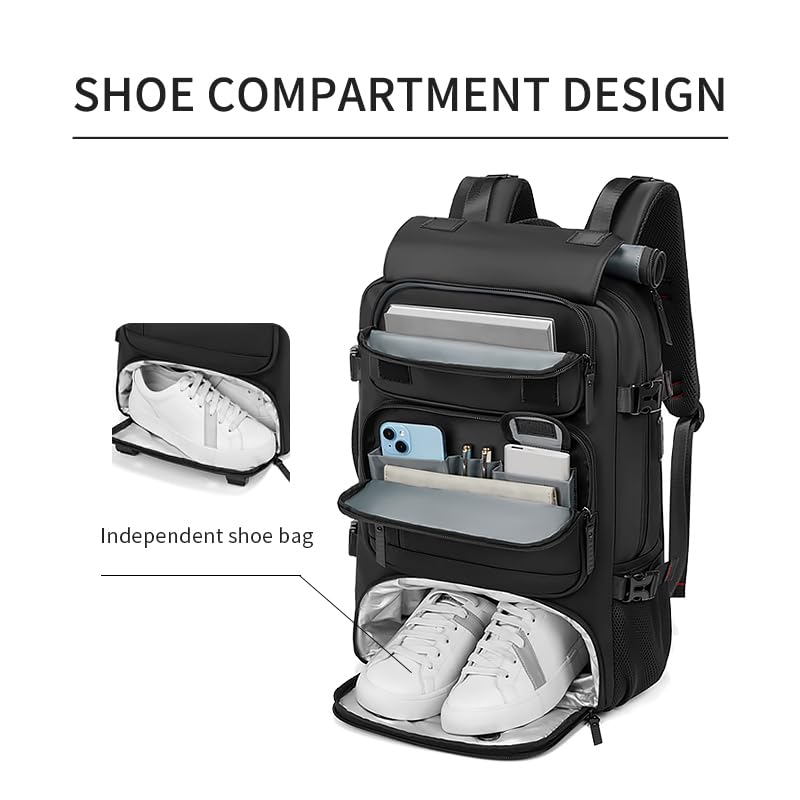 Waterproof 16 Inch Women's Travel Backpack with USB Charging Port & Shoe Compartment - Business Laptop Hiking Backpack for Commuting, Outdoor Adventures & Air Travel (Black)