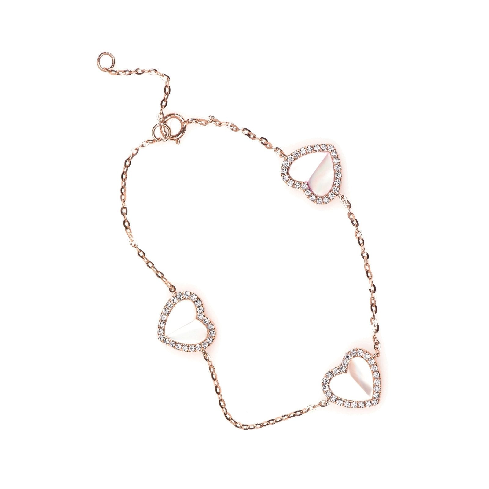 14K Rose Gold Mother of Pearl & Diamond Halo Heart Triple Station Bracelet - Elegant Jewelry Gift for Women, Perfect for Anniversaries, Valentine's Day & Special Occasions