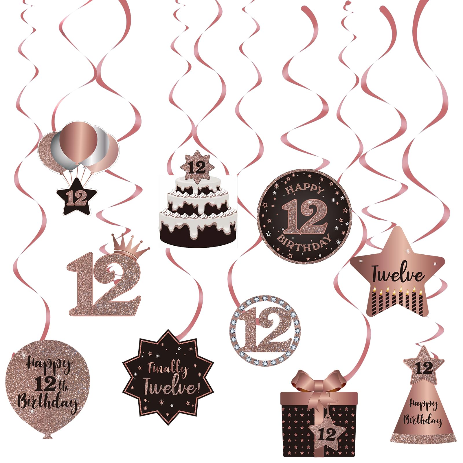 BRT Bearingshui 12th Birthday Party Decorations - 12 Rose Gold Foil Hanging Swirls with Cutouts for Ceiling Decor | Perfect for 12 Years Old Birthday Celebrations, Party Supplies & Room Decor