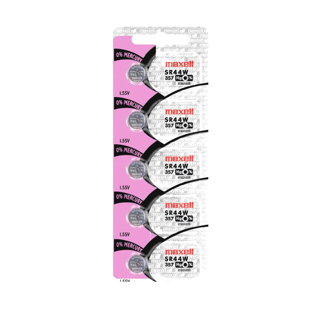 Maxell 357 SR44W Silver Oxide Button Cell Batteries (5-Pack) - Long-Lasting Power for Watches, Calculators, and Medical Devices