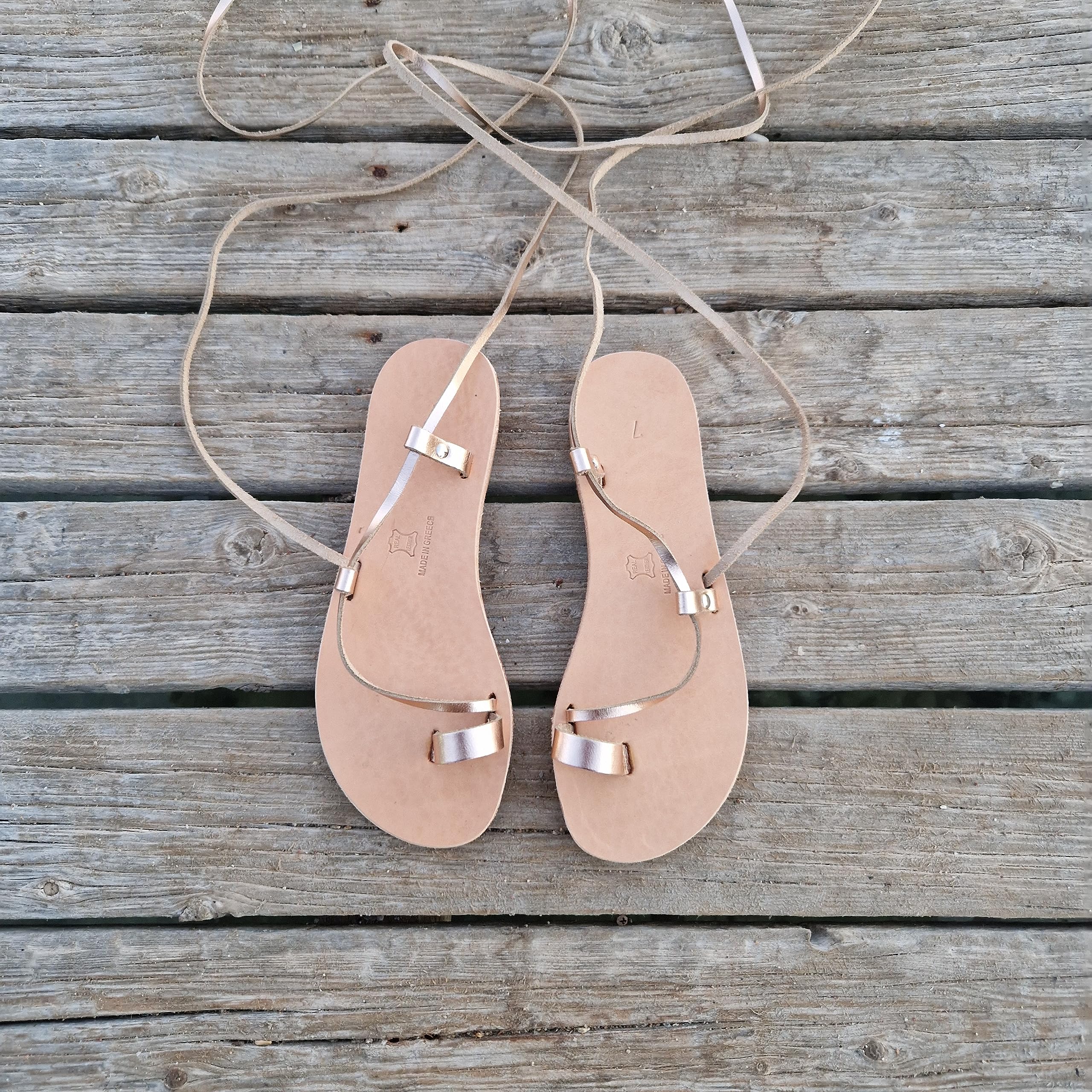 Women's Beige Leather Gladiator Sandals with Toe Ring - Comfortable Lace-Up Greek Style Flip Flops for Beach, Summer & Casual Wear (Size 40)