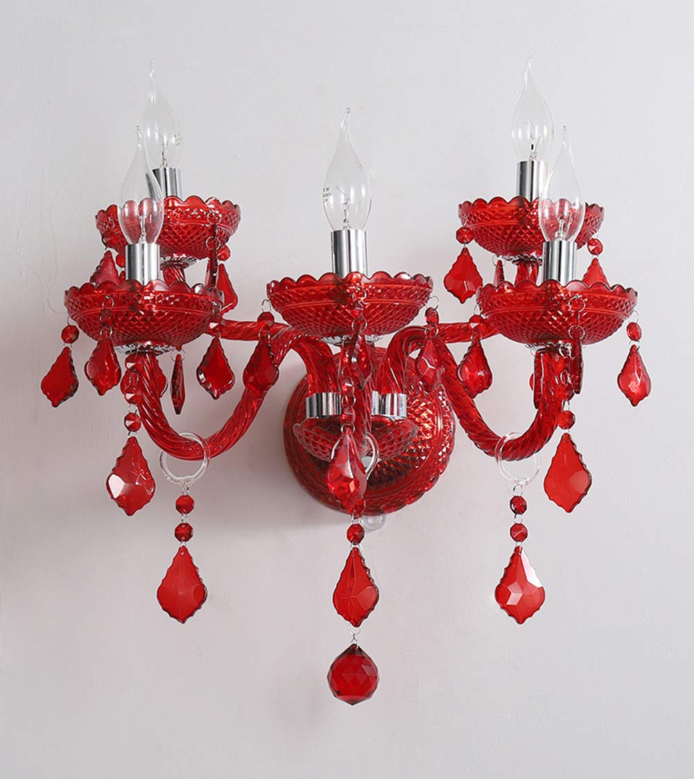 Elegant Aiwen 5-Light Red Crystal Glass Wall Sconce - Double Tier Bedroom Wall Lamp with Lampshade for Bedside Lighting | Perfect for Master Bedroom, Hallway & Living Room Decor