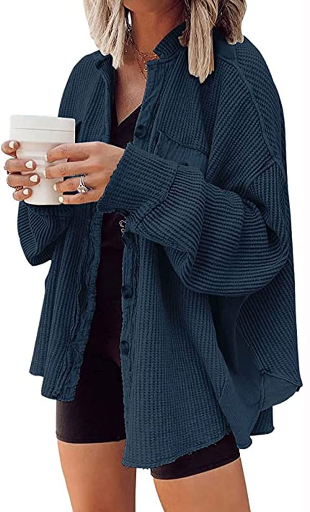 Loveimgs Women's Oversized Waffle Knit Shirt - Corduroy Long Sleeve Button Down Shacket Jacket for Fall | Casual Outfit, Layering Piece & Outdoor Activities