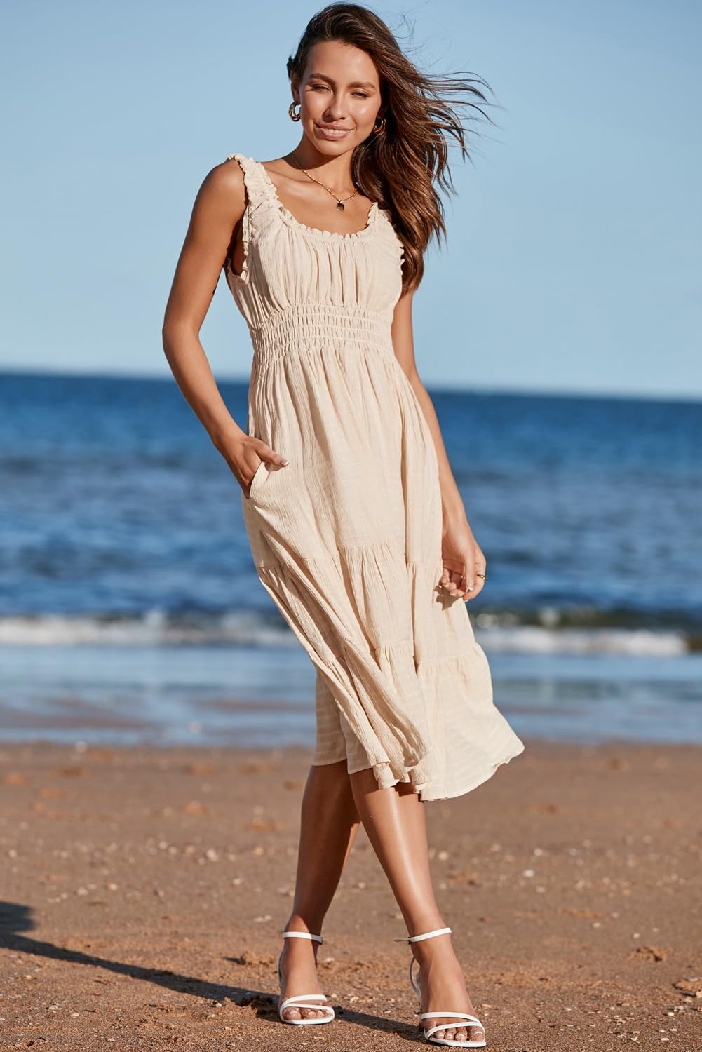 AlvaQ Women's Summer Sleeveless Smocked Midi Dress - High Waist A-Line Sundress with Pockets for Beach, Vacation & Casual Wear | Flowy Tiered Dress for Outdoor Activities & Date Nights