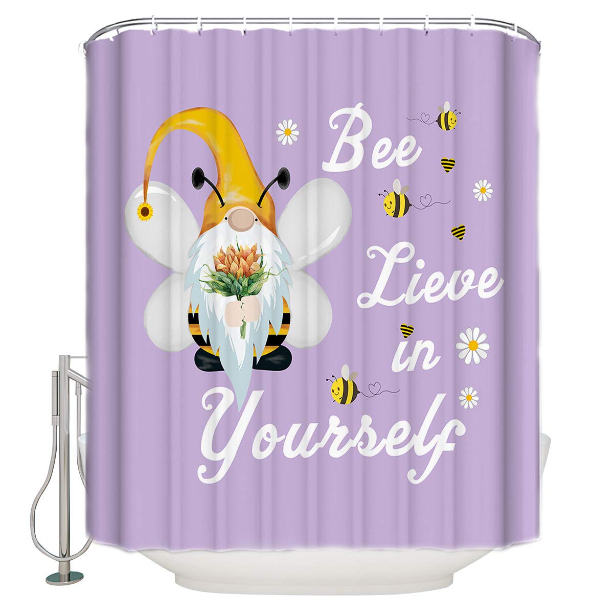 72 Inch Waterproof Polyester Shower Curtain with Hooks - Bee Gnome & Sunflower Design in Purple for Bathroom Decor | Perfect for Standard Showers and Bathtubs (72