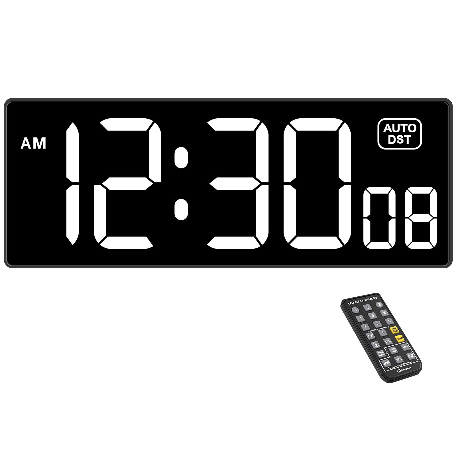Soobest Large LED Digital Wall Clock with Seconds - Remote Control Countdown Timer, 5 Dimmer Modes for Gym, Office, Classroom & Home (White) - Perfect for Workouts, Meetings, Study & Daily Time Management
