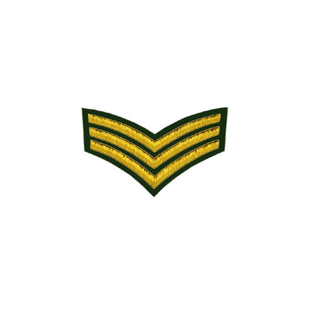 3 Stripe Chevrons Badge Gold Bullion on Green - Military Insignia for Uniforms, Collectibles & Patriotic Decor