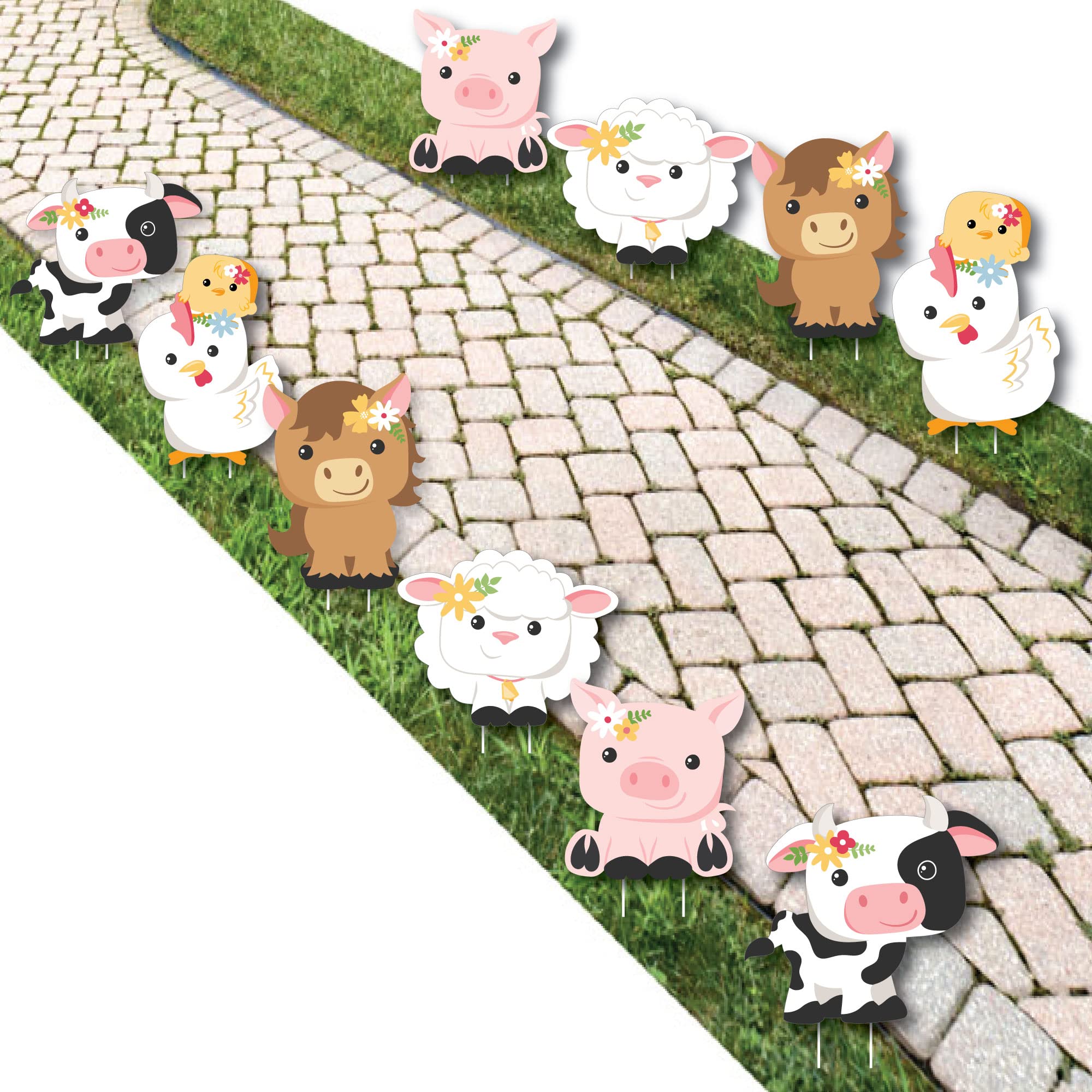 Big Dot of Happiness Girl Farm Animals Lawn Decorations - 10-Piece Outdoor Pink Barnyard Baby Shower & Birthday Party Yard Decor Set - Perfect for Garden, Backyard, and Outdoor Celebrations
