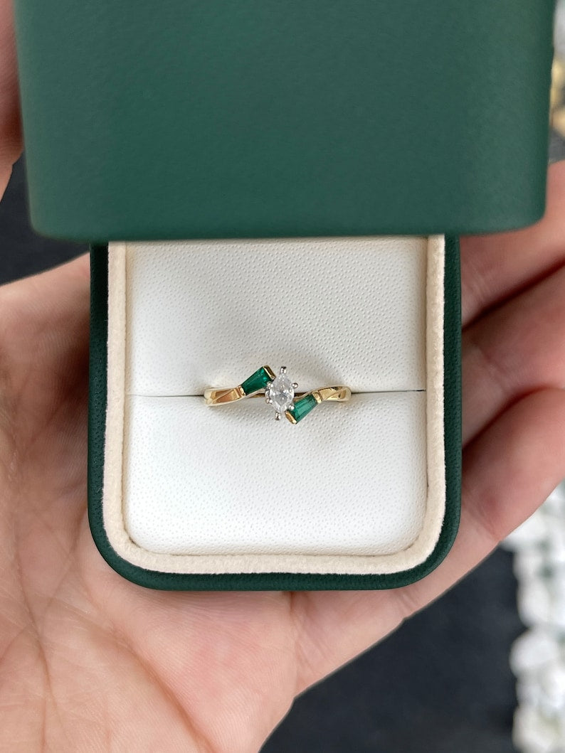 0.55tcw 14K Gold Marquise Cut Diamond & Emerald Synthetic Gemstone 3 Stone Stacking Ring for Women - Elegant Wedding, Anniversary, Party Jewelry Gift