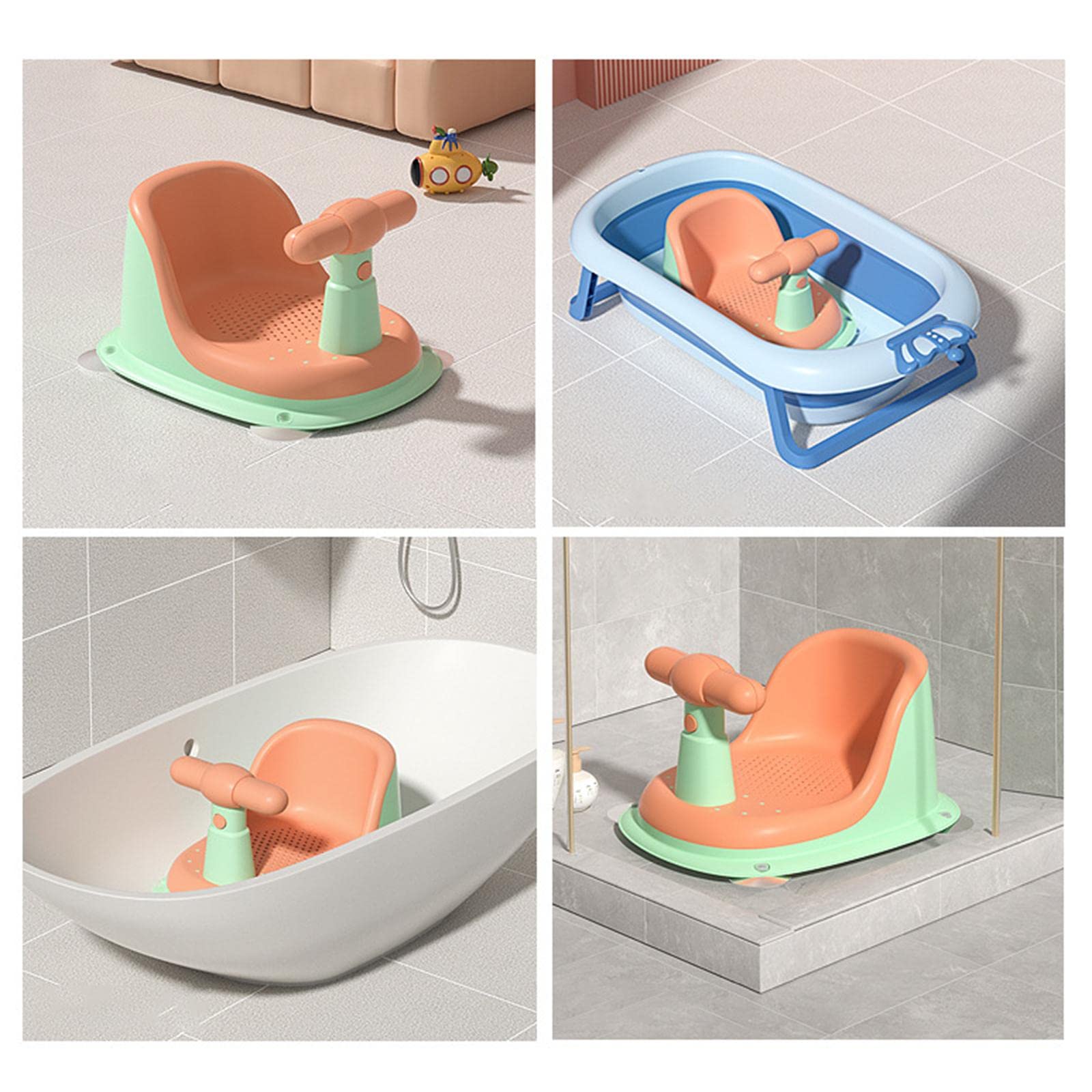 Anti-Slip Baby Bathtub Seat with Soft Cushion - Safe Bath Seat Support for Infants 6+ Months (Green & Orange) - Perfect for Secure Bathing & Toddler Safety