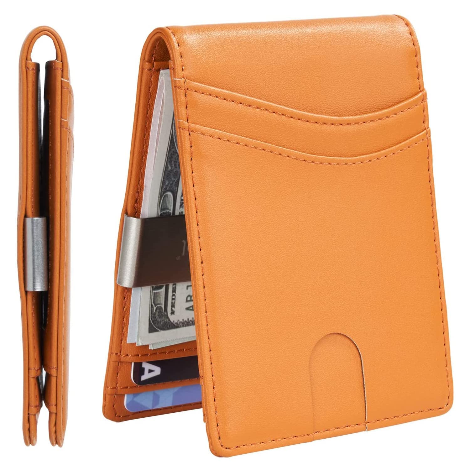 Premium Minimalist Slim Leather Wallet for Men - RFID Blocking Bifold Wallet with Money Clip | Nappa Orange | Stylish Front Pocket Wallet for Everyday Carry & Travel