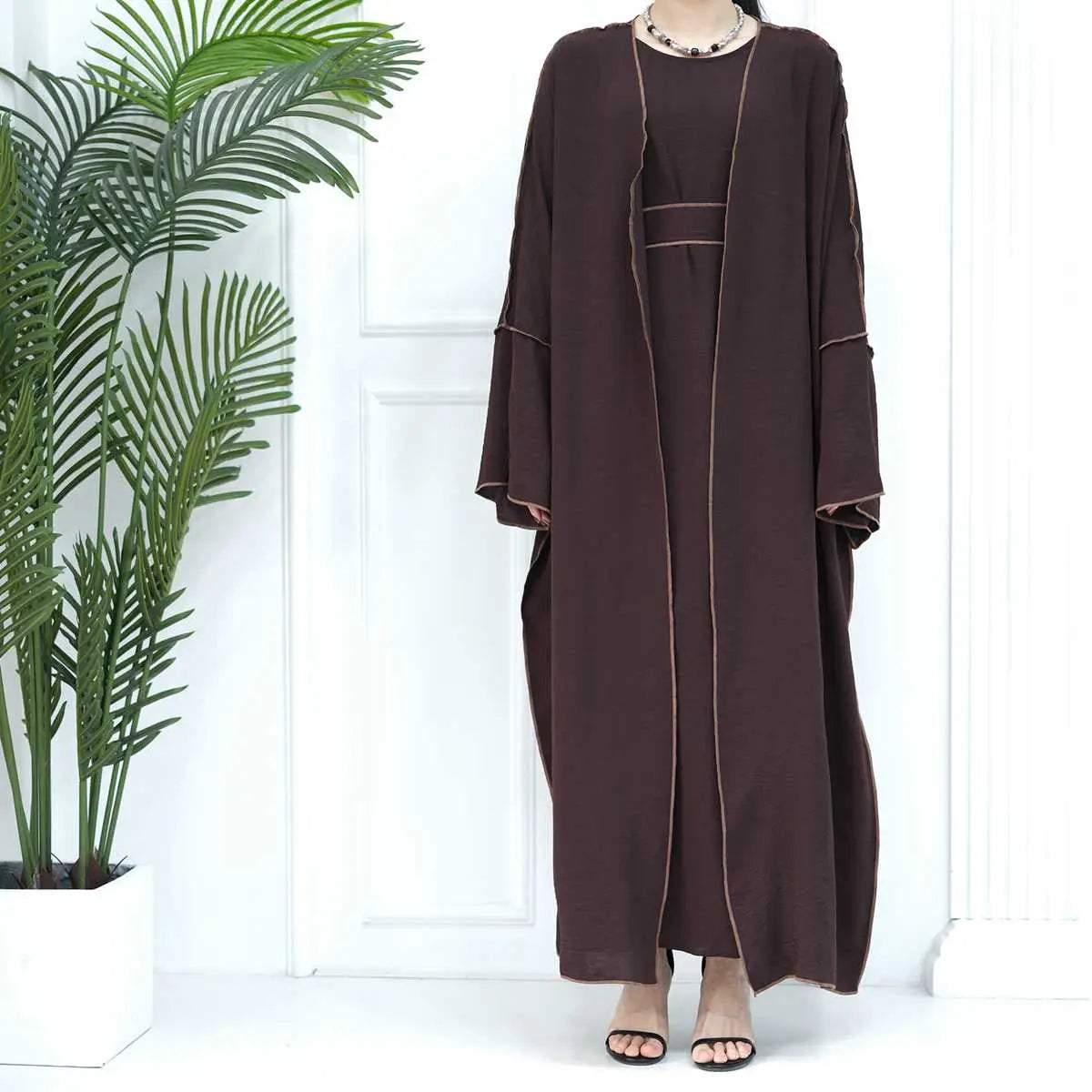 2-Piece Heavy Wrinkle Fabric Open Abaya Dress Set for Women - Modest Muslim Prayer Dress with Long Sleeves - Perfect for Eid, Ramadan & Special Occasions