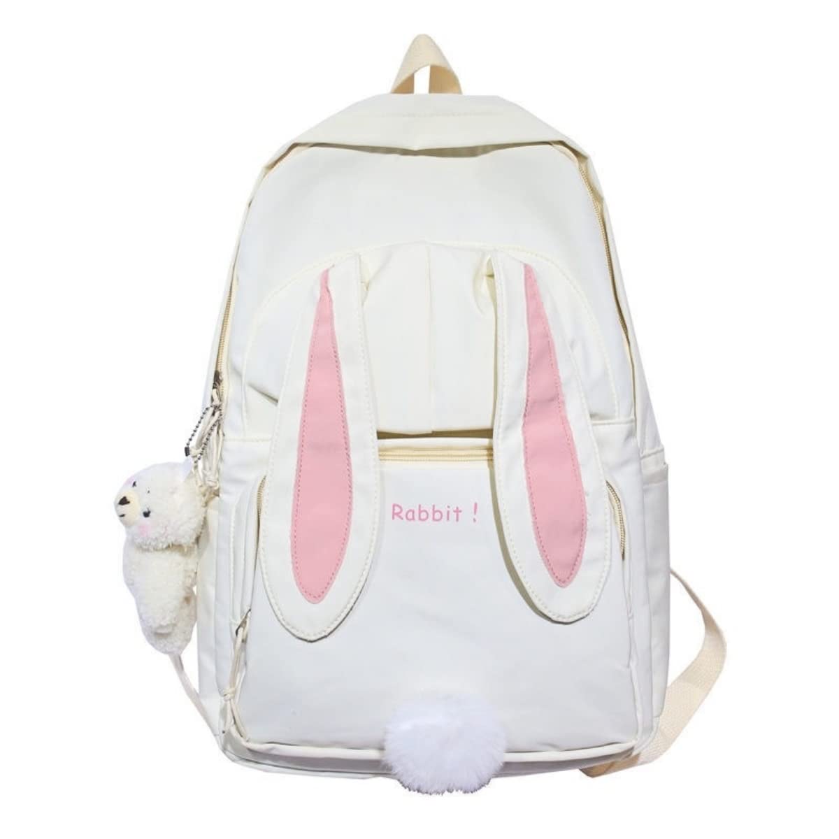 Cute Bunny Ear Backpack with Bear Pendant - Large D-White School Bag for Girls & Teens | Kawaii Book Bag, Travel Backpack for School, College, Shopping & Outdoor Adventures