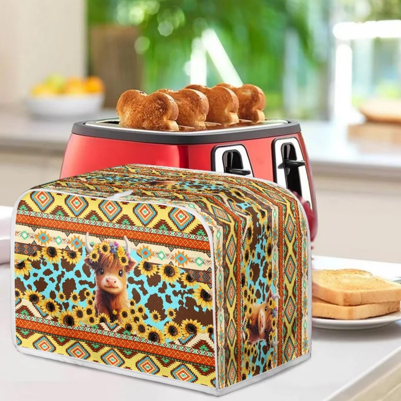 Aztec Sunflower Printed Toaster Oven Cover | Highland Cattle Design | Fits Most 2-Slice Toasters & Bread Makers | Heat-Resistant Kitchen Appliance Protector for Countertop Safety & Style
